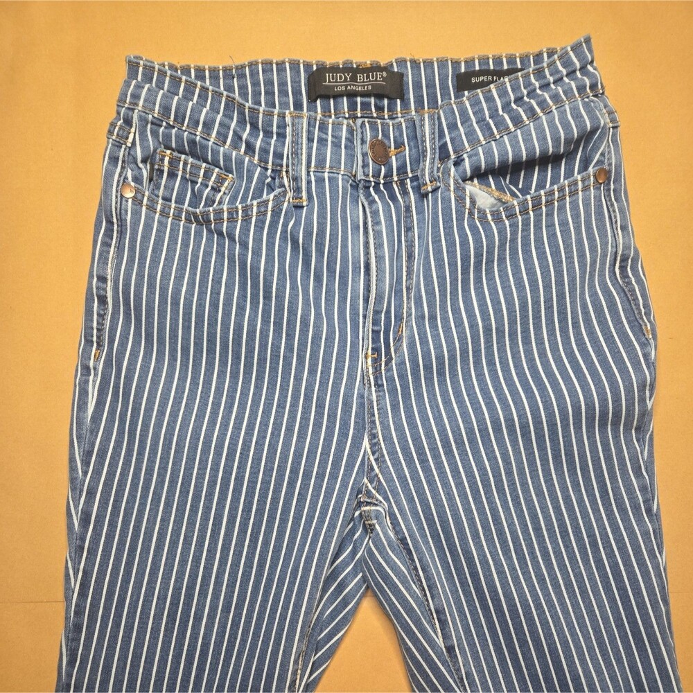 Judy Blue 27/5 Super Flare Jeans Blue White Striped Denim High Rise Raw Hem